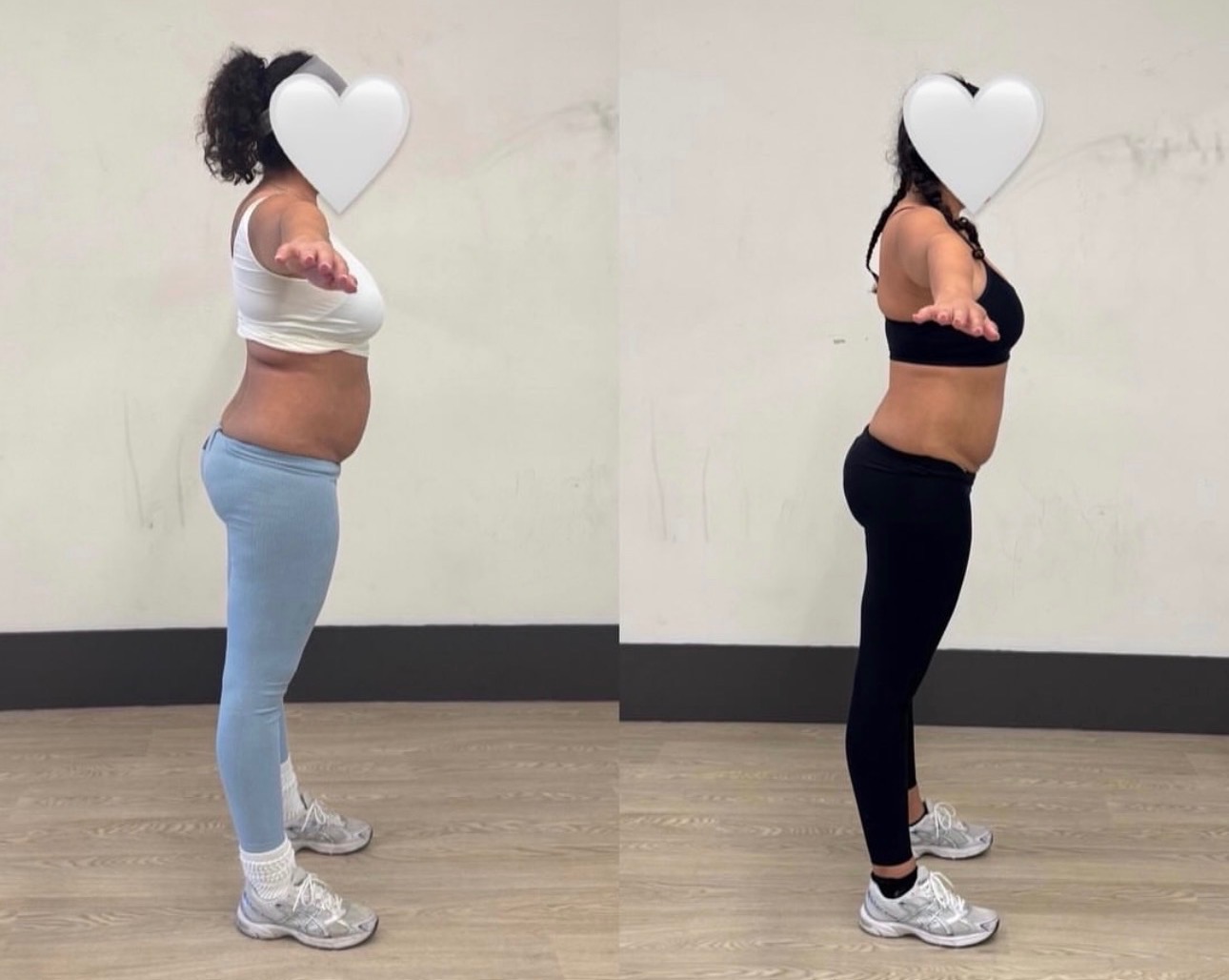 Client progress photo: before and after full-body stance in the studio