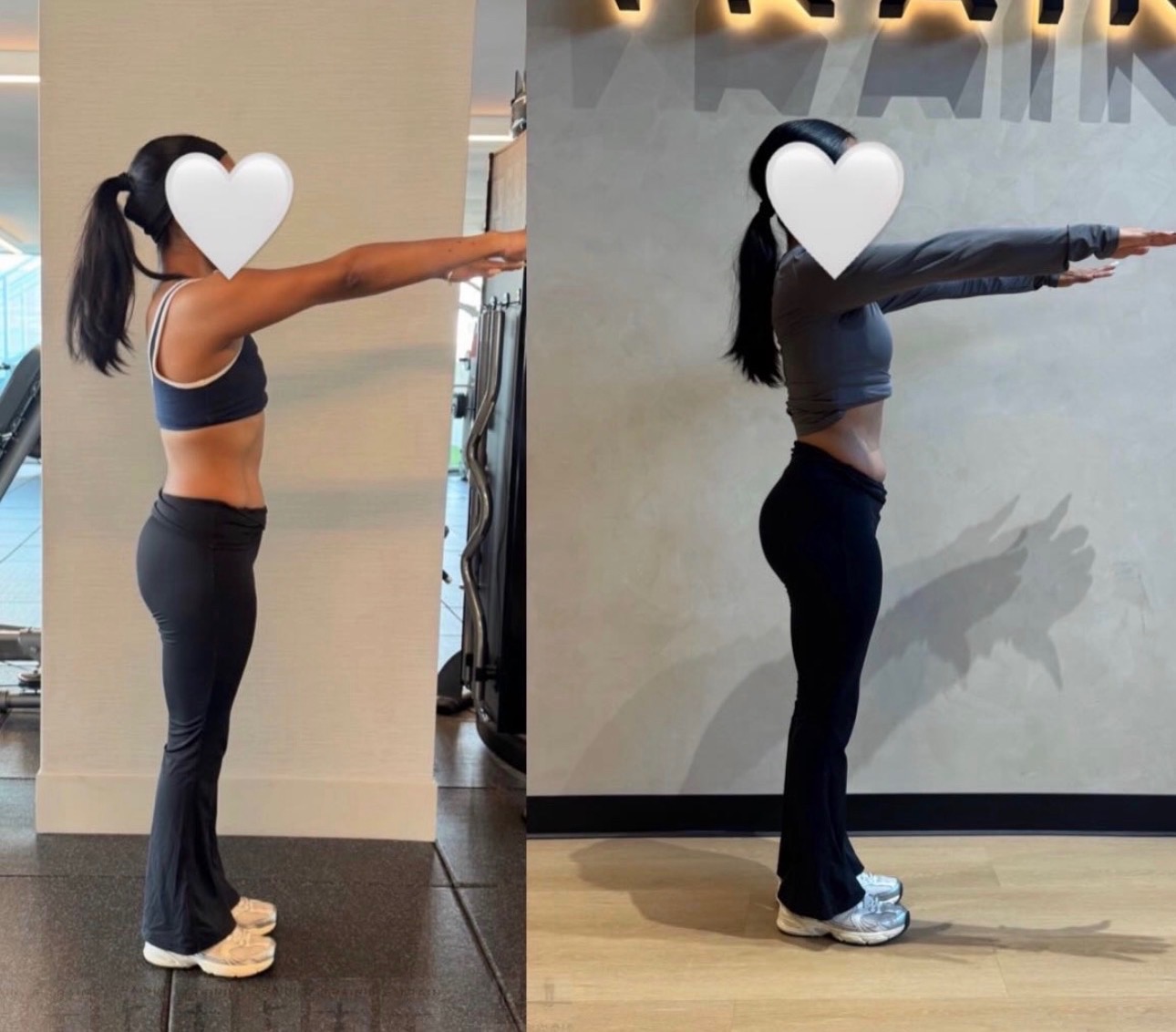 Client progress photo: before and after side profile with arms extended