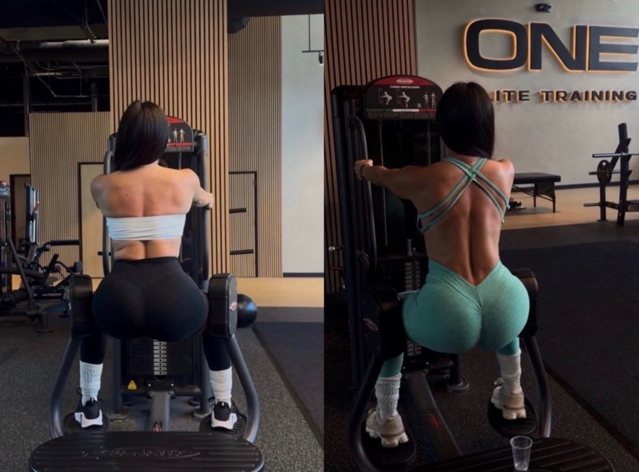 Client progress photo: before and after back view on a cable machine