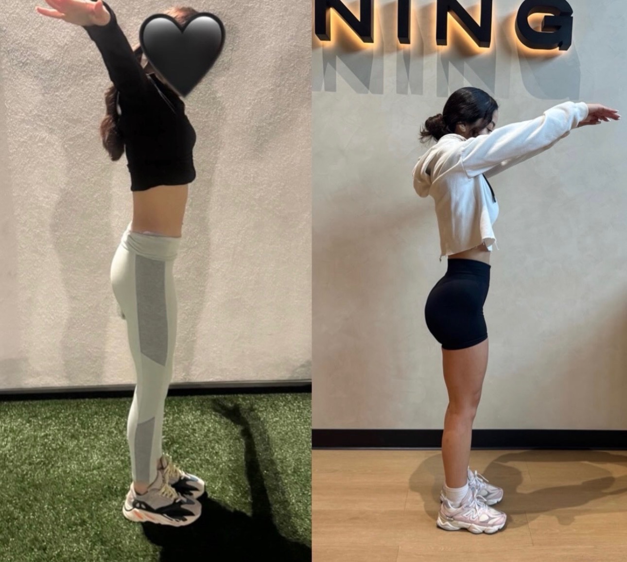Client progress photo: before and after side profile at the gym